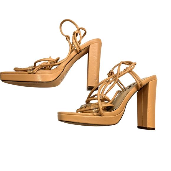 So Me 7.5 Leg Wrap Tan Women's Sandals Block High Heel Shoes 7 1/2 - Picture 1 of 7